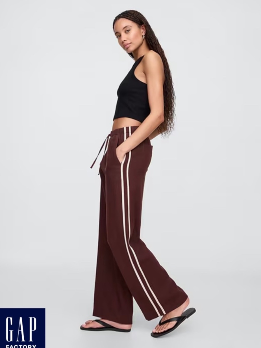 GAP Factory women’s size large brown linen bland stripe track wide leg pants